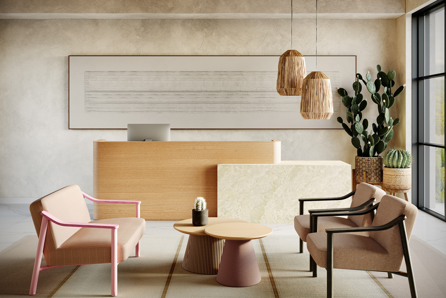Modern reception area with light wood desk, two beige chairs with black arms, one pink armchair, two hanging wicker lamps, and potted cacti near large window.