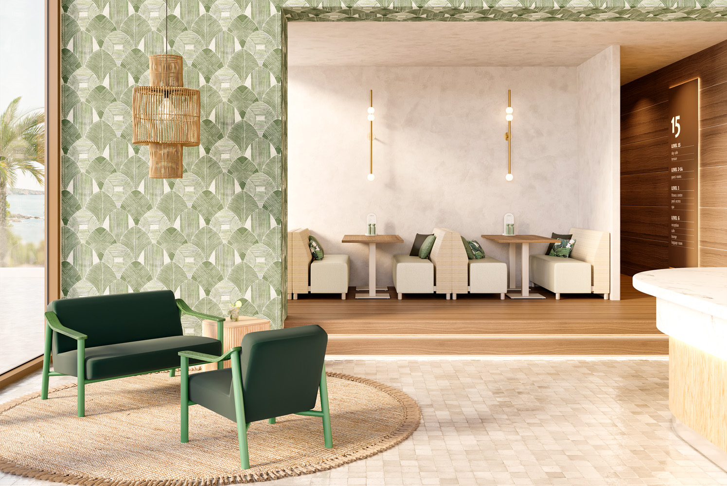 Modern seating area with green chairs and sofas, wood tables, rattan pendant light, and green patterned wallpaper by a large window.