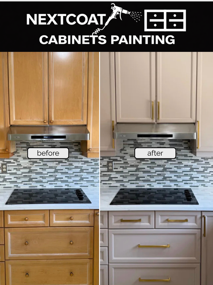 Before and after image of kitchen cabinets showing wooden cabinets with round knobs transformed to light painted cabinets with gold handles.