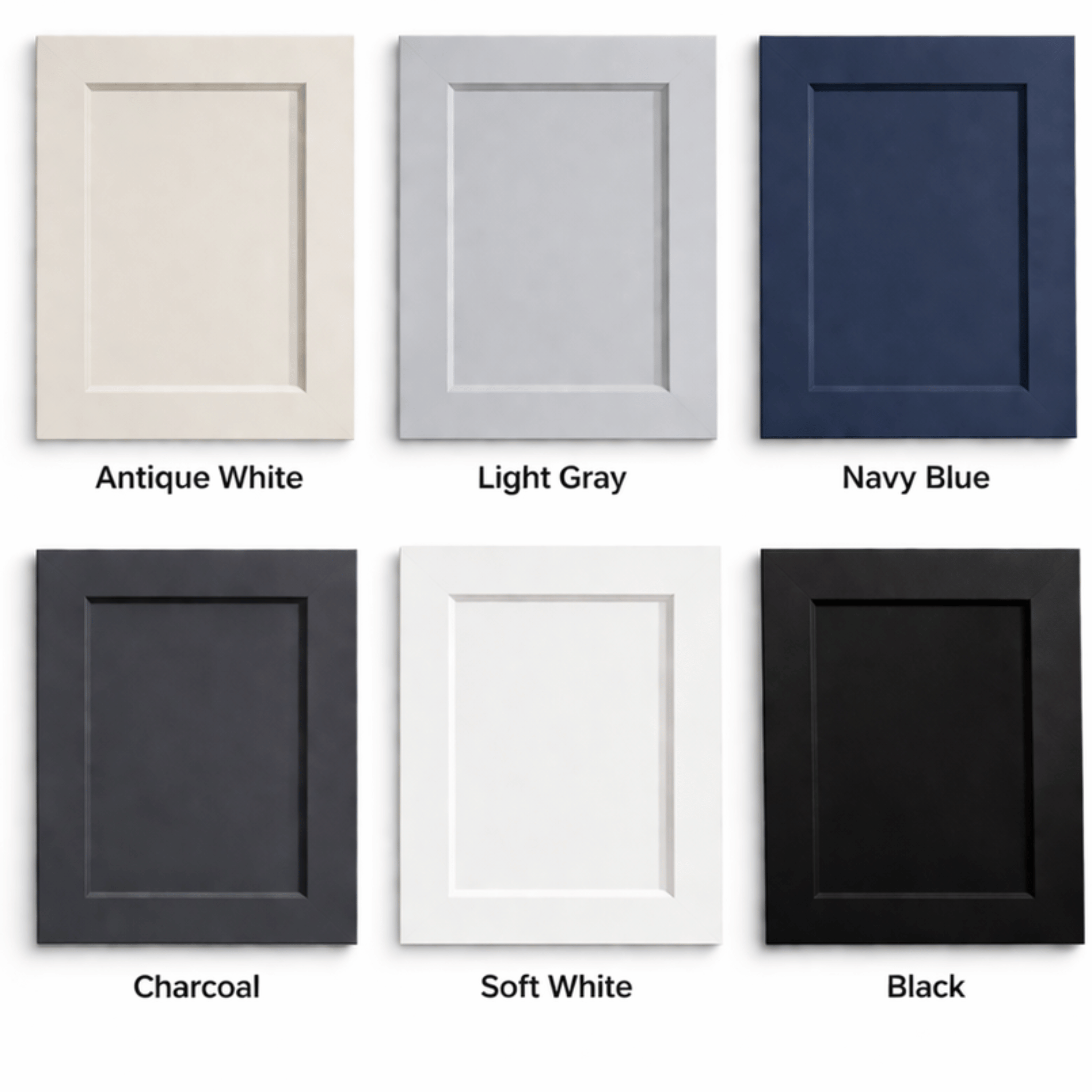 Six square cabinet door panels in two rows displaying colors: Antique White, Light Gray, Navy Blue, Charcoal, Soft White, and Black.