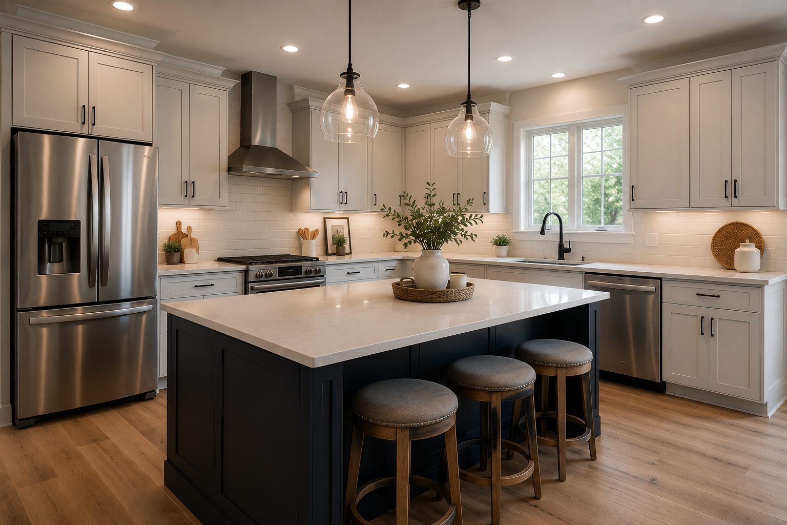 Modern kitchen with white cabinets, stainless steel appliances, large island with three stools and pendant lights.