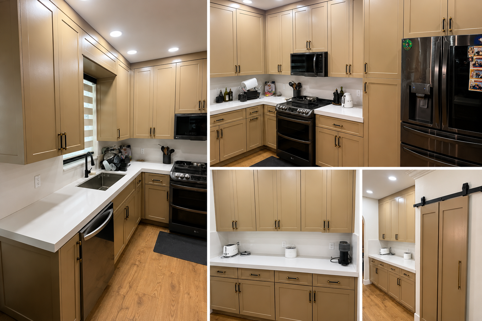 Modern kitchen with beige cabinets, white countertops, black appliances, and wood-look flooring.