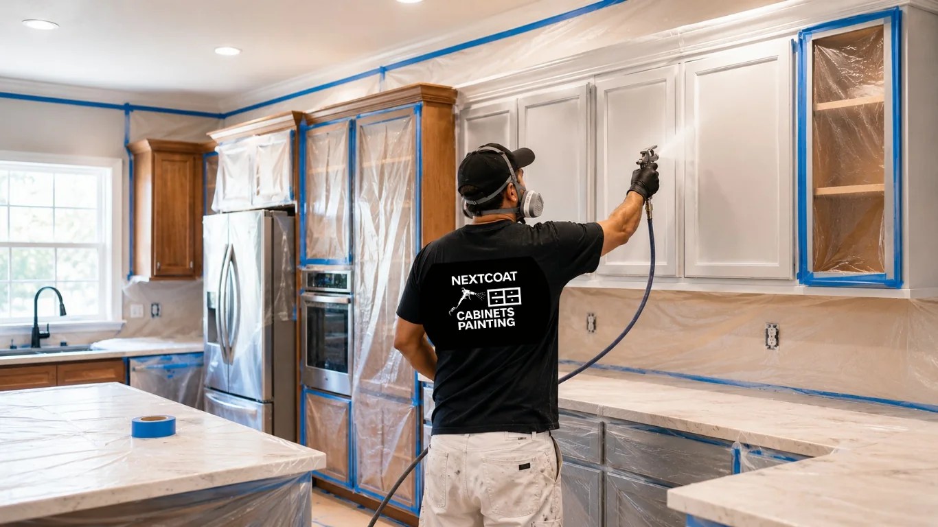 White kitchen cabinet painting project in progress 