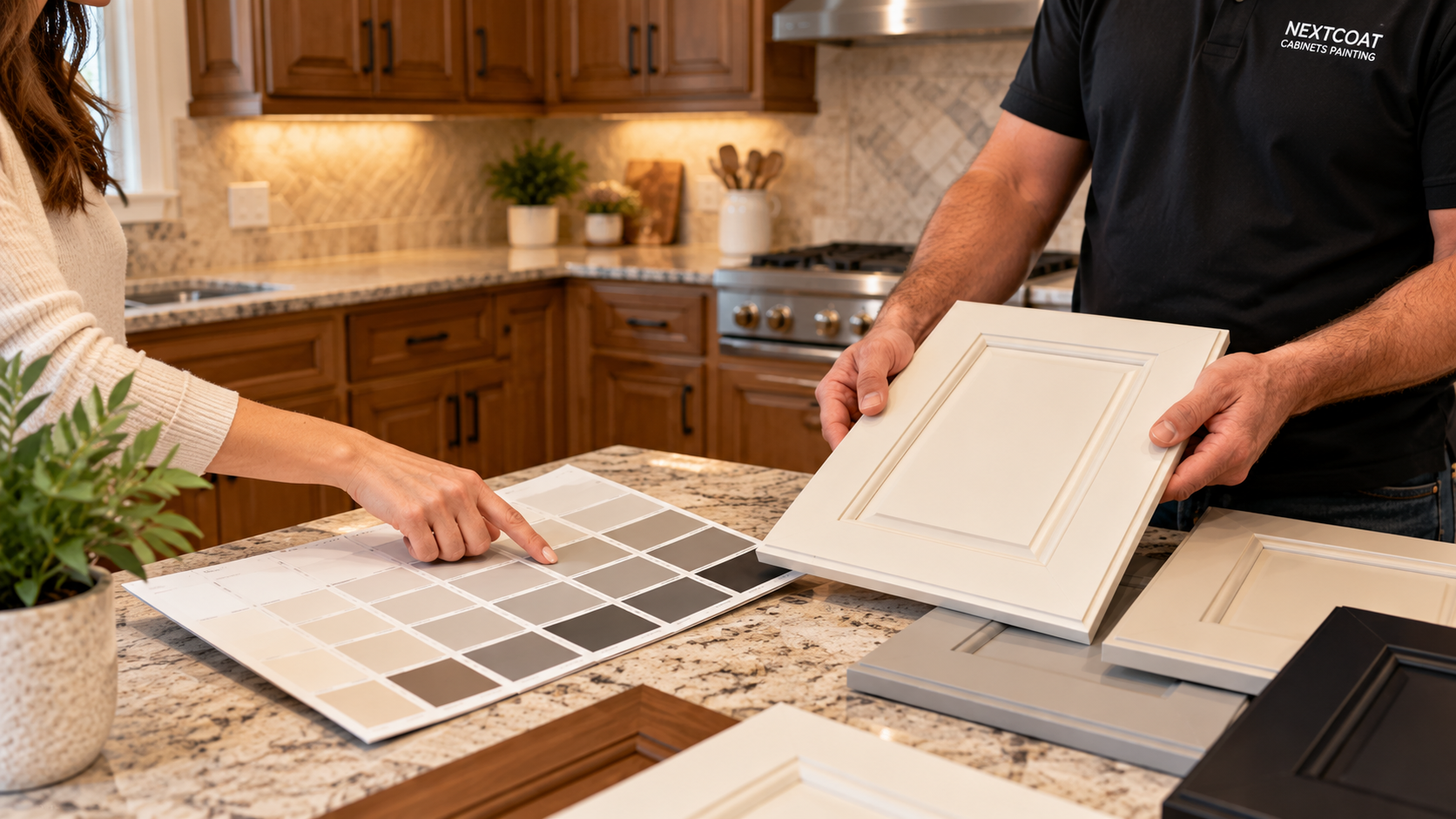 Image of people choosing the cabinet refinishing color