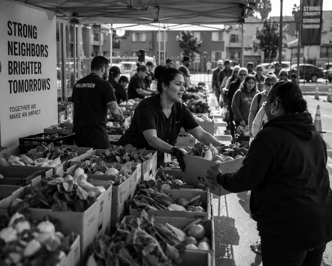 Volunteers coordinate a community produce distribution with tables, boxes and an orderly queue.