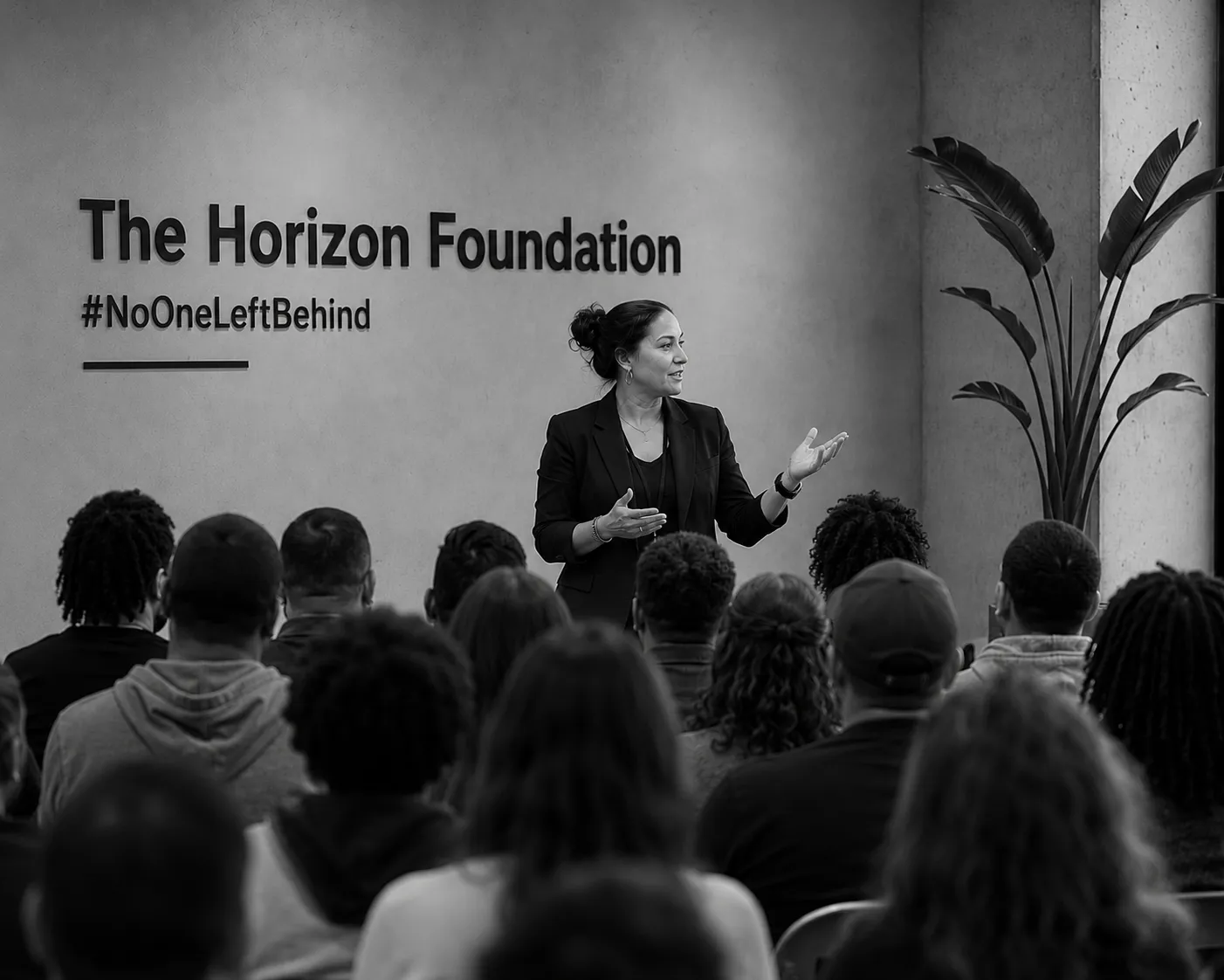 A leader addresses a diverse town hall audience at The Horizon Foundation.