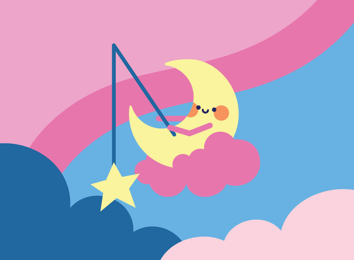 Illustrated moon character fishing for stars.