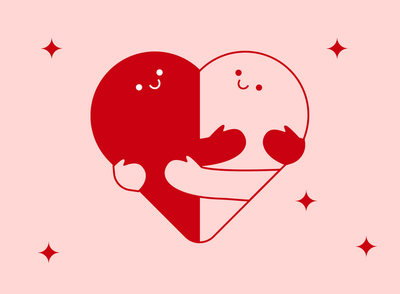 Illustration of 2 hearts hugging.