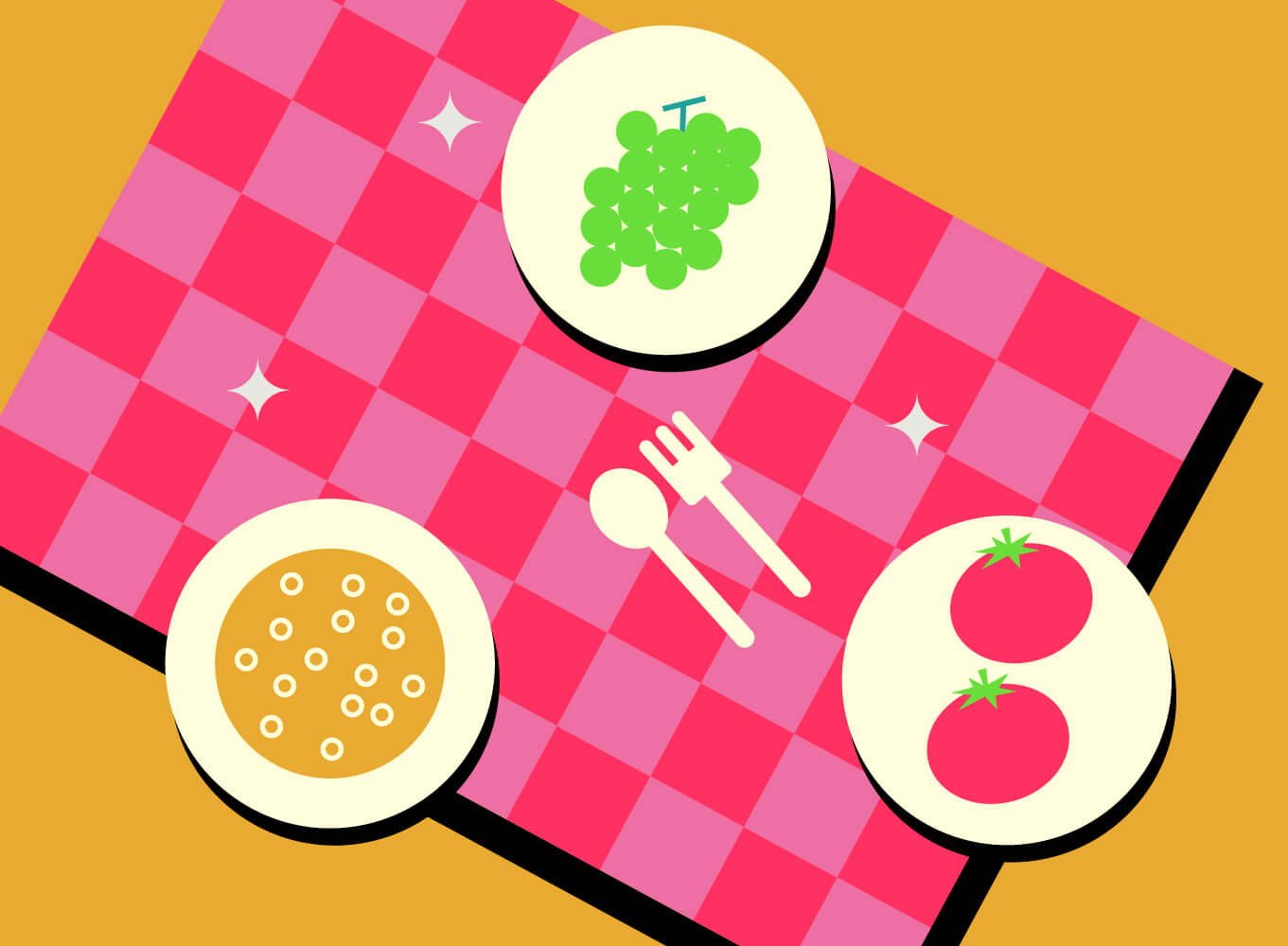 Illustration of picnic scene with blankets and food.