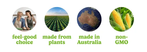 Feel-good choice. Made from plants. Made in Australia. Non-GMO.
