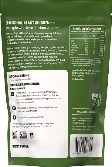 Back of a green package of Original Plant Chicken with product description, cooking instructions, nutrition information, ingredients, and a barcode.