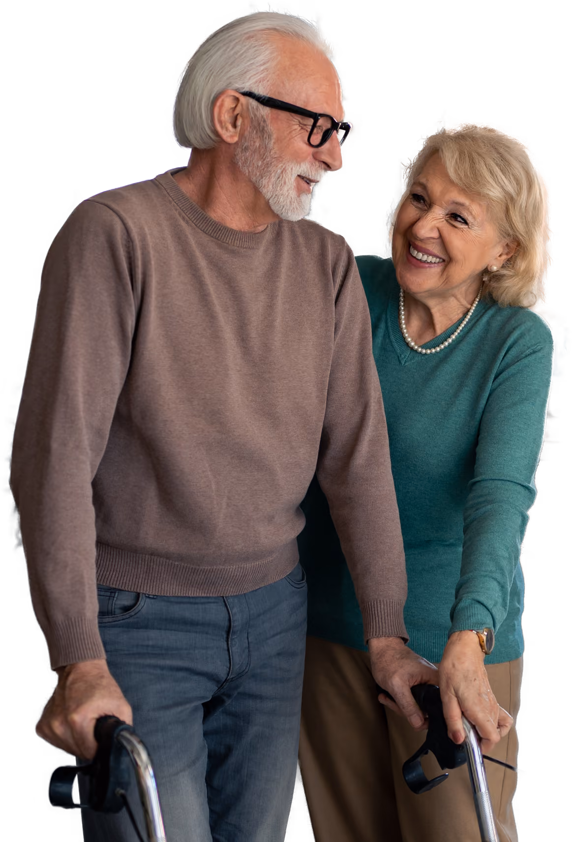 Two older adults standing side by side, one using a walker, both wearing casual clothing against a light background.