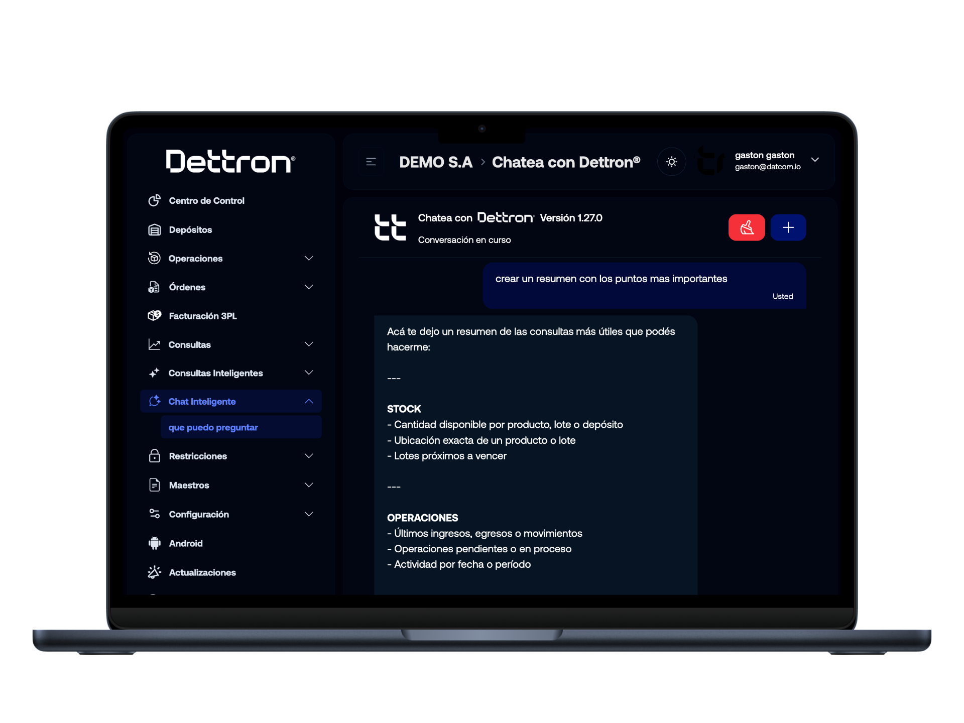 Captura del agente conversacional Dettron mostrando el briefing diario con KPIs operativos