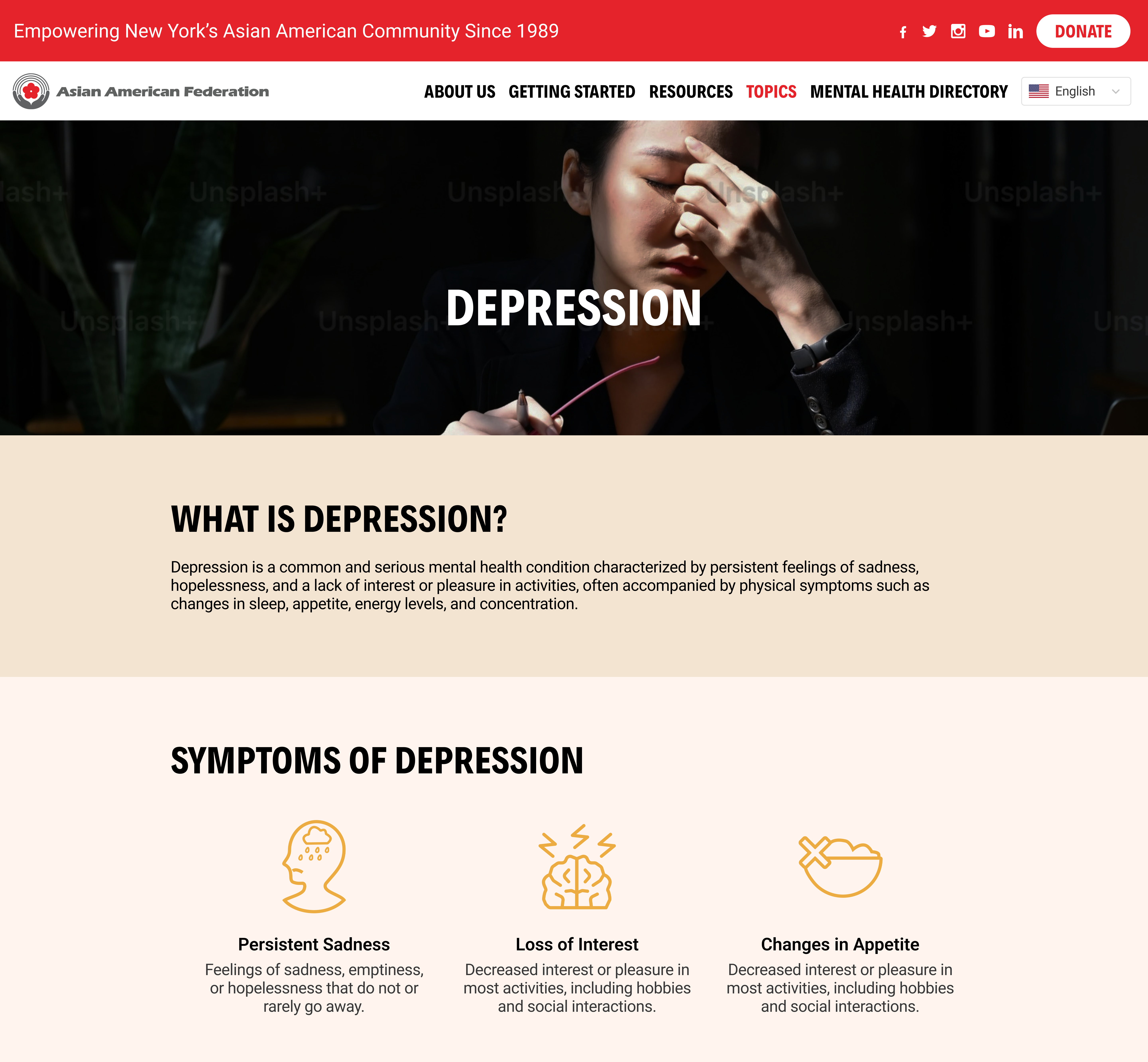 Webpage on depression by Asian American Federation with a photo of a woman looking stressed and content about depression definition and symptoms: persistent sadness, loss of interest, and changes in appetite.