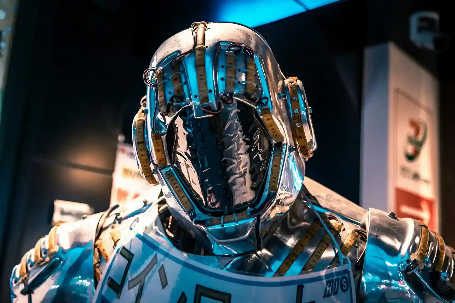 a close up of a robot suit on display