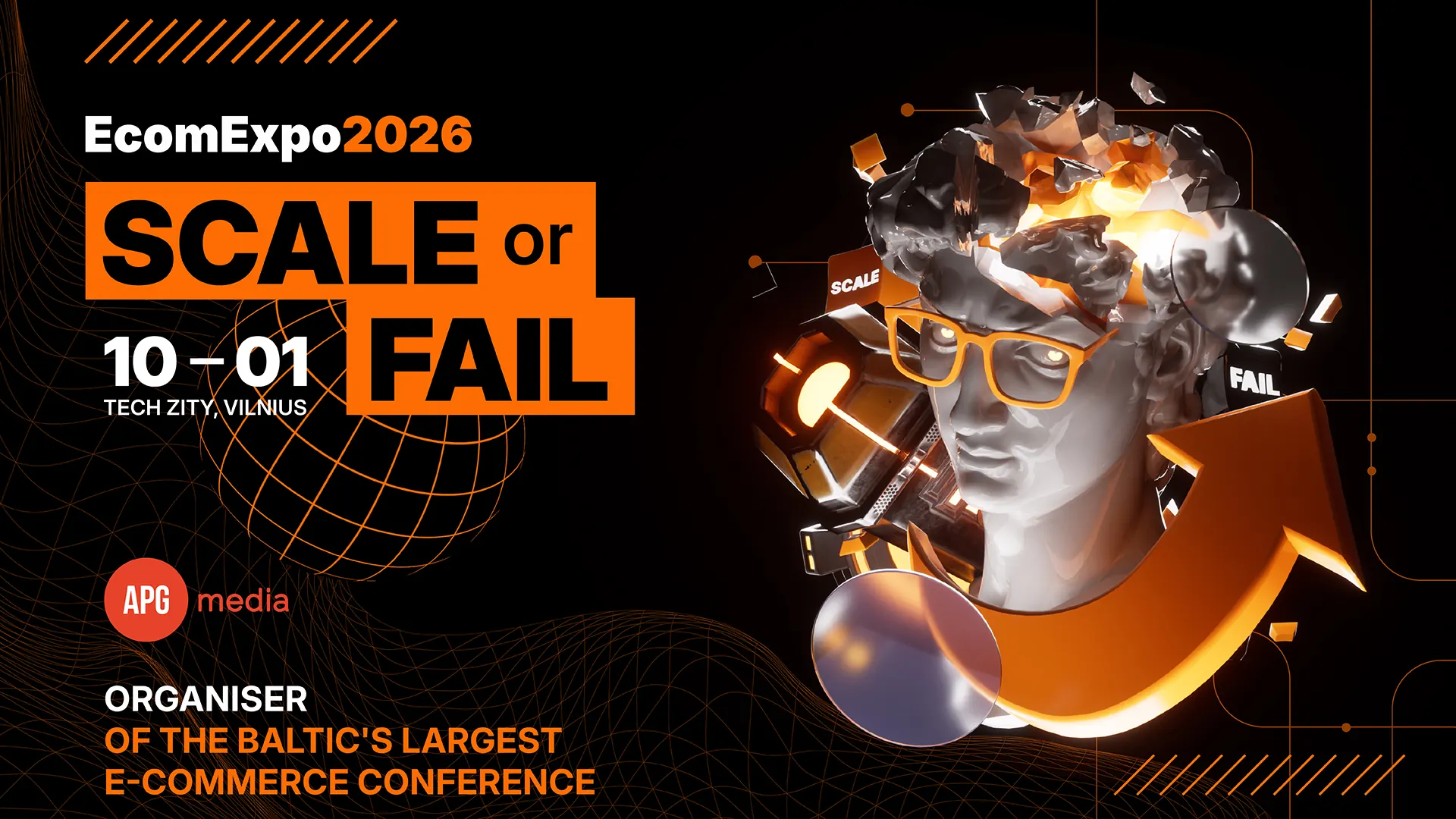 EcomExpo 2026 „Scale or Fail“ – didžiausia Baltijos šalių e. komercijos konferencija, 2026 m. spalio 1 d., Tech Zity, Vilnius. Organizatorius – APG Media.