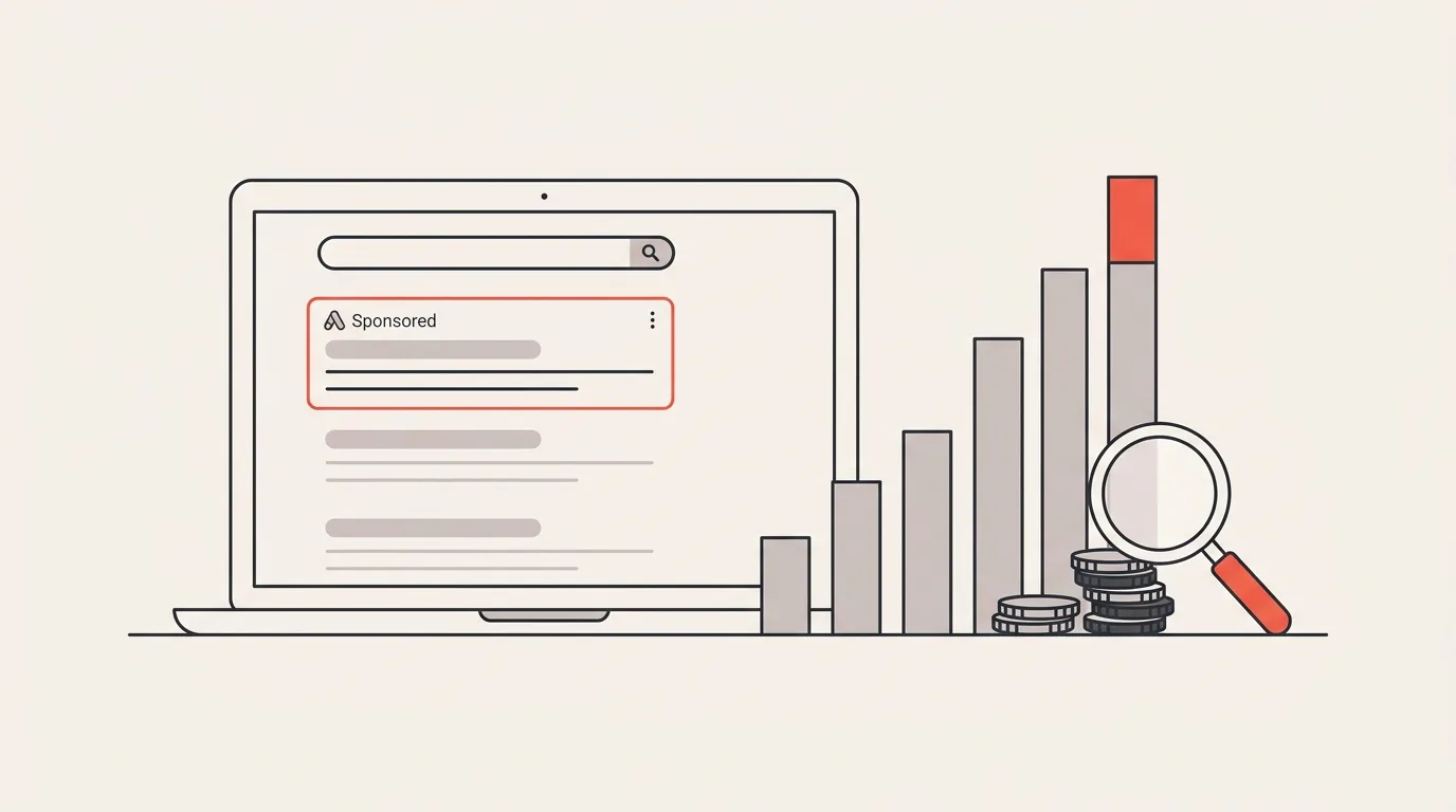 Google Ads valdymas: remiamas skelbimas paieškoje ir augantis pajamų grafikas – APG Media iliustracija