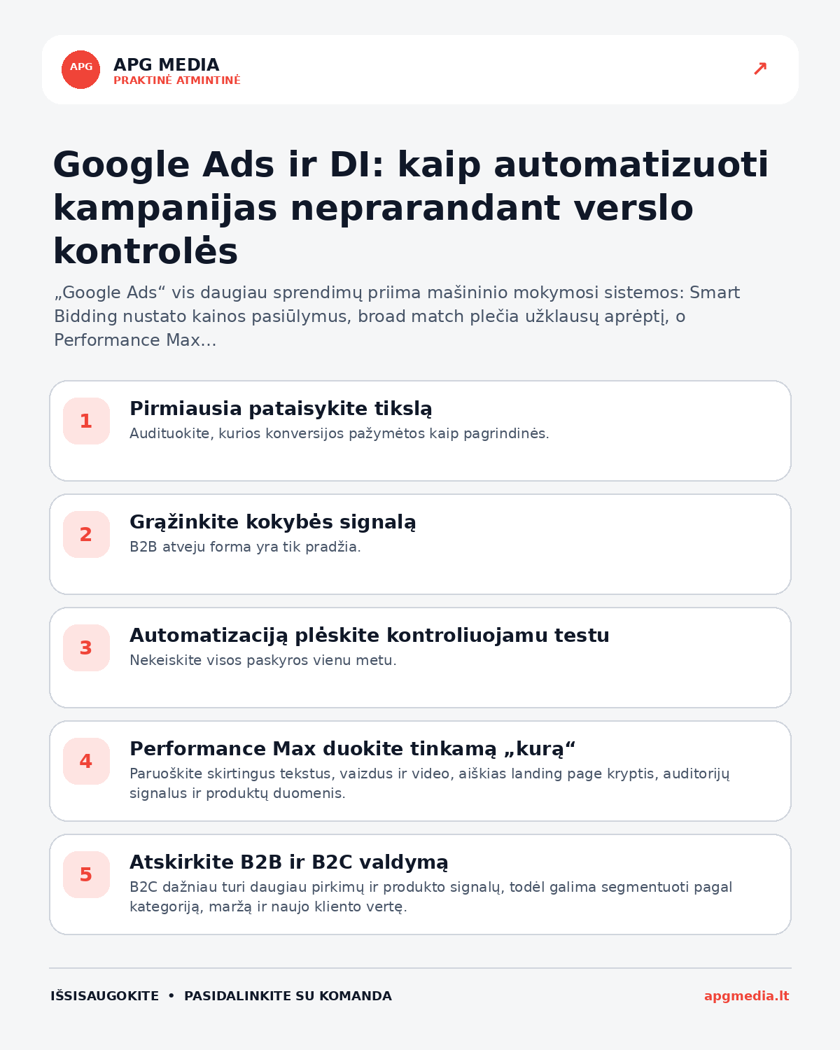 Infografika: Google Ads ir DI: kaip automatizuoti kampanijas neprarandant verslo kontrolės