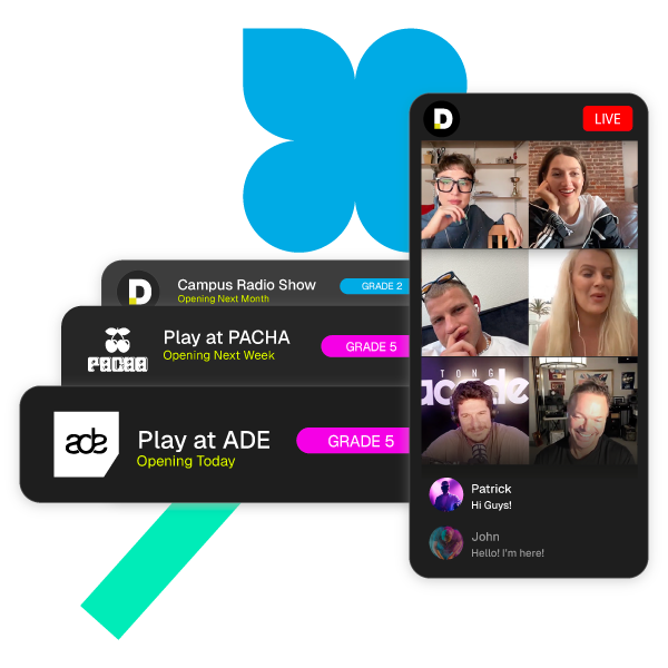 Pete Tong DJ Academy live video call with students. Event listings show opportunities to play at ADE, Pacha, and the Campus Radio Show for different grade levels.
