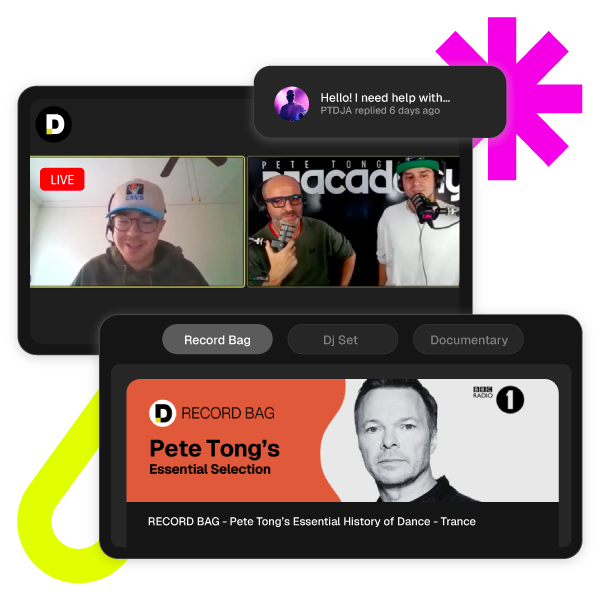 Pete Tong DJ Academy live session with instructors and a student on video call. Below, a Record Bag section featuring Pete Tong’s Essential Selection from BBC Radio 1