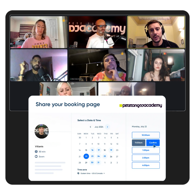 Pete Tong DJ Academy online session with multiple participants on a video call. Below, a booking page interface for scheduling a Zoom meeting