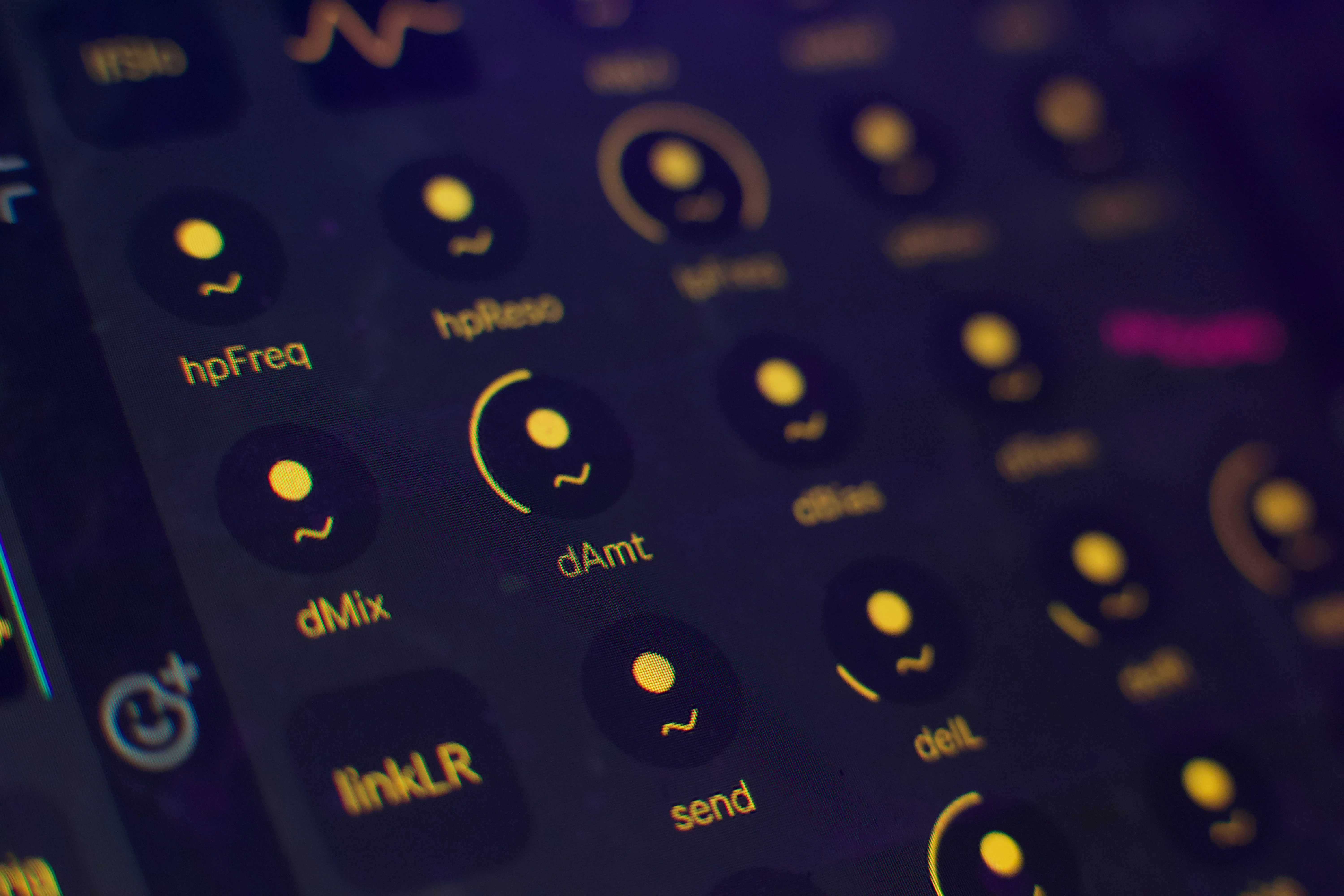 Close up of MNGLseq MFL audio effect device showing the LFO, low pass filter (LP filter), high pass filter (HP filter), parallel distortion with bias and tone and the ping-pong delay with feedback, reverb and noise