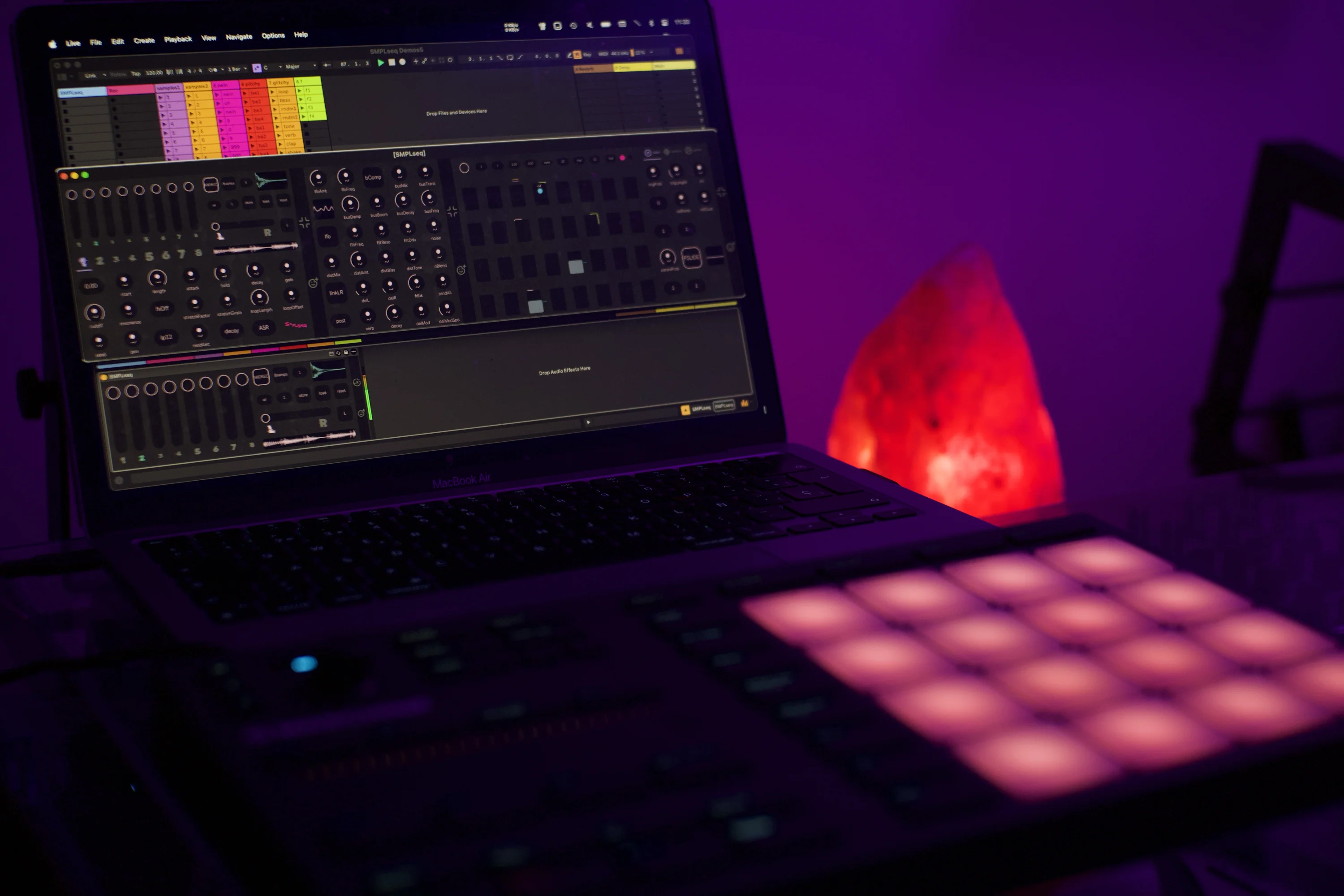 SMPLseq in a music studio connected to a MIDI controller for live recording patterns into the step sequencer