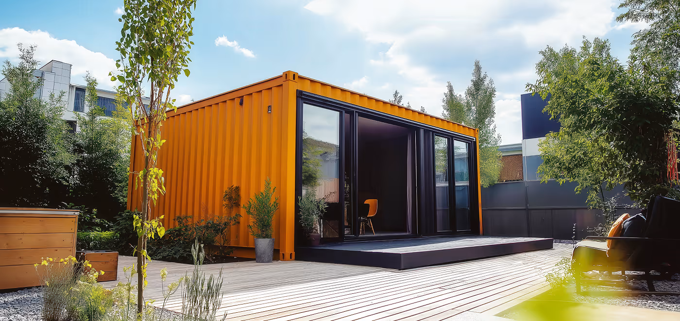 A small orange house with a black door and a chair inside.