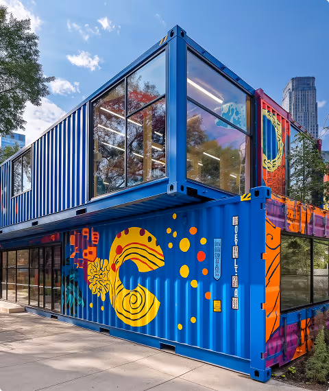 Two-story building made from blue shipping containers with colourful abstract mural art and large glass windows, set on a paved area with trees and a clear sky.