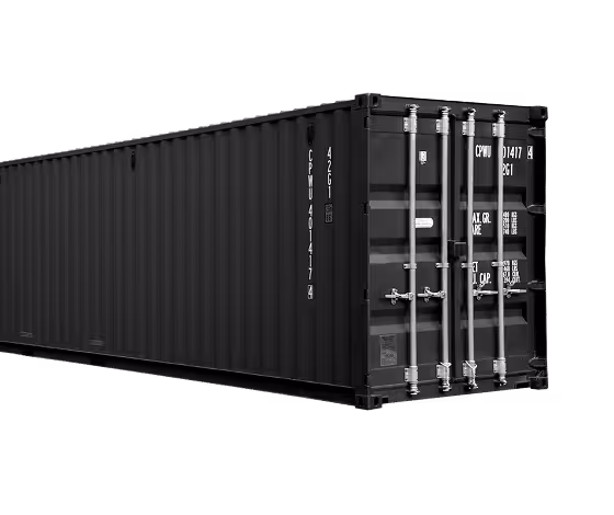 A large black shipping container with a white top.