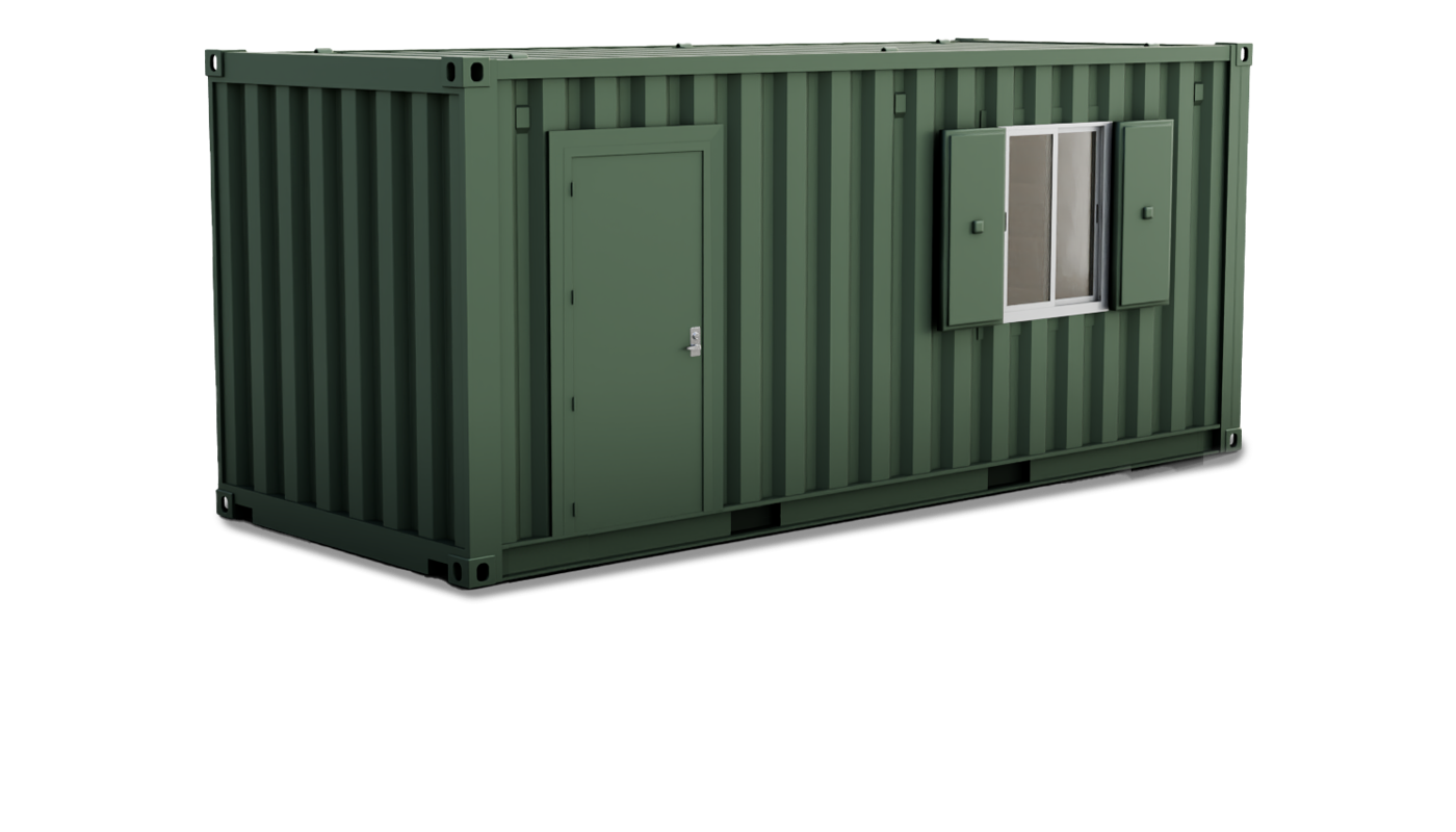 Green metal shipping container converted into a small site cabin with a door and a window with shutters.