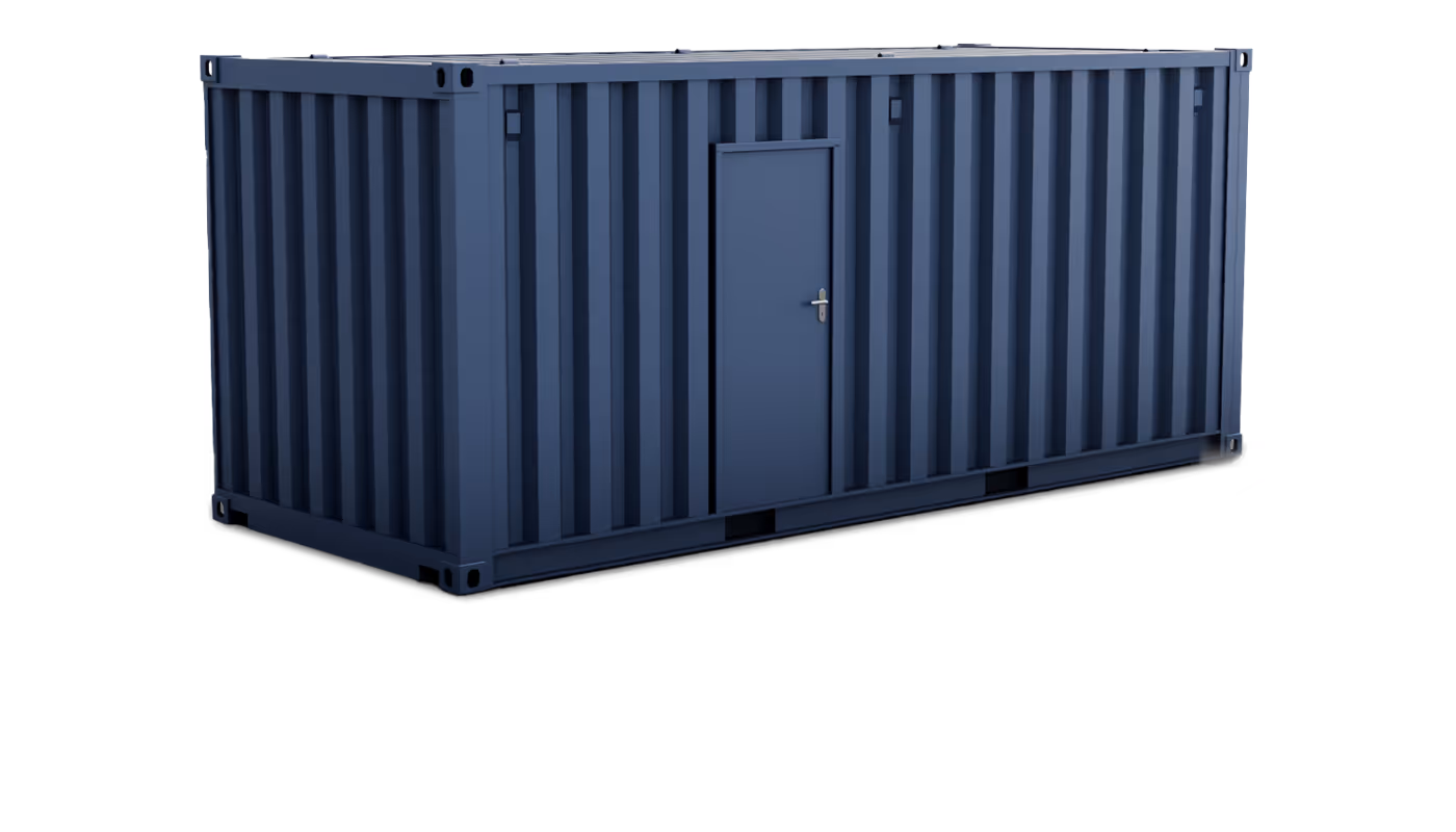 Blue metal shipping container with a single closed door on one side.