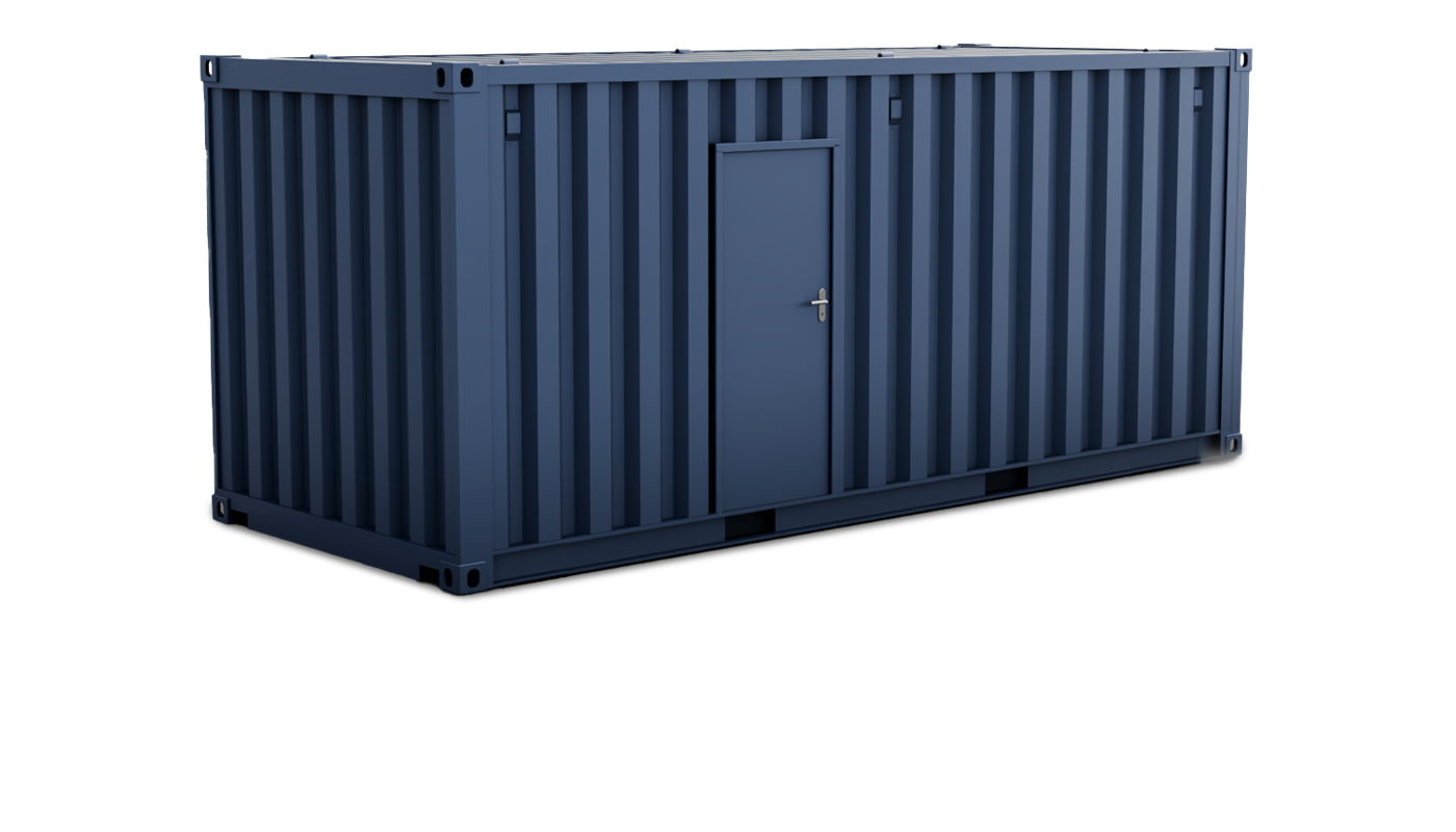 Blue metal shipping container with a single closed door on one side.