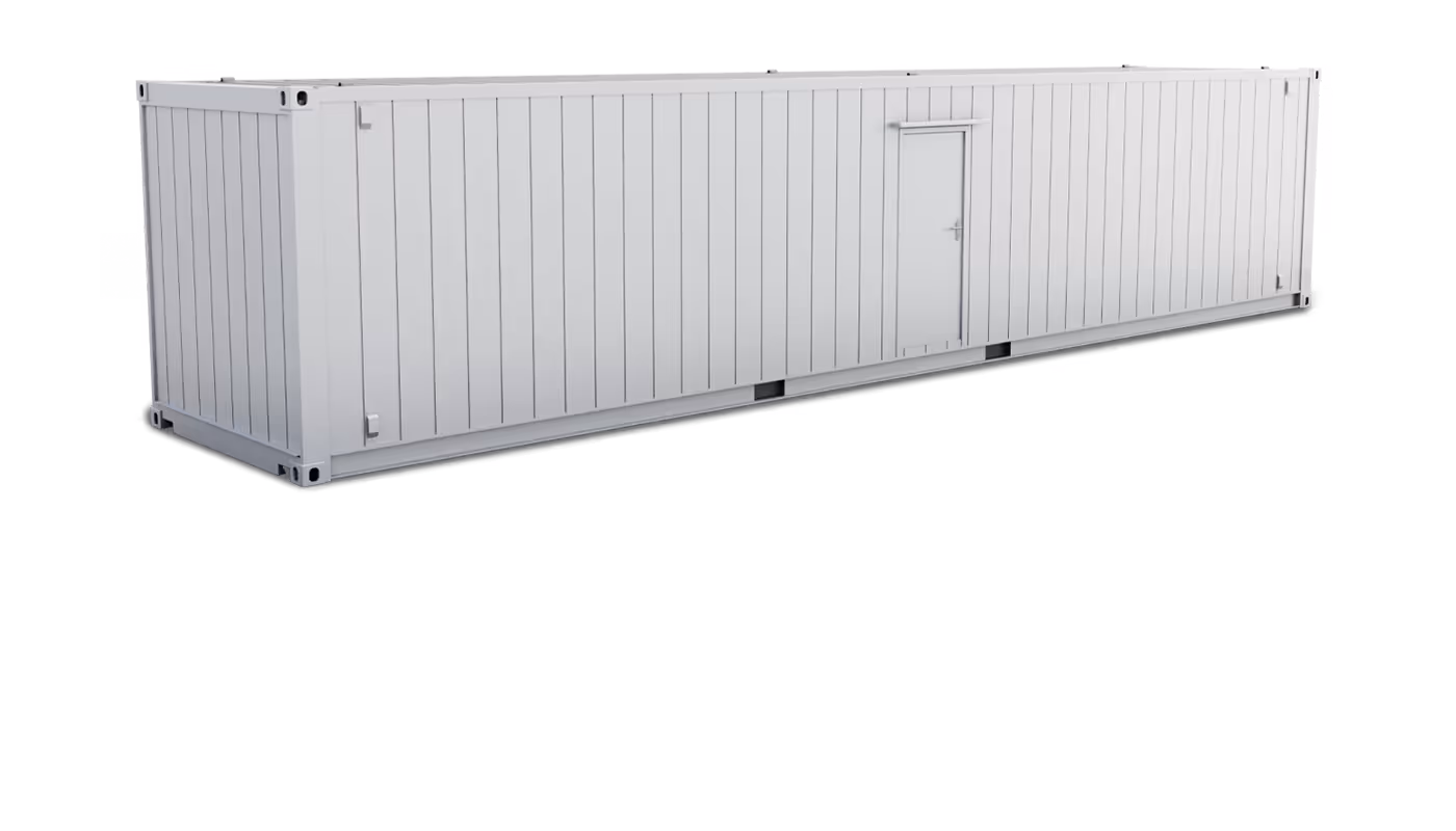 Long white modular container with a single door and vertical panel design on its sides.