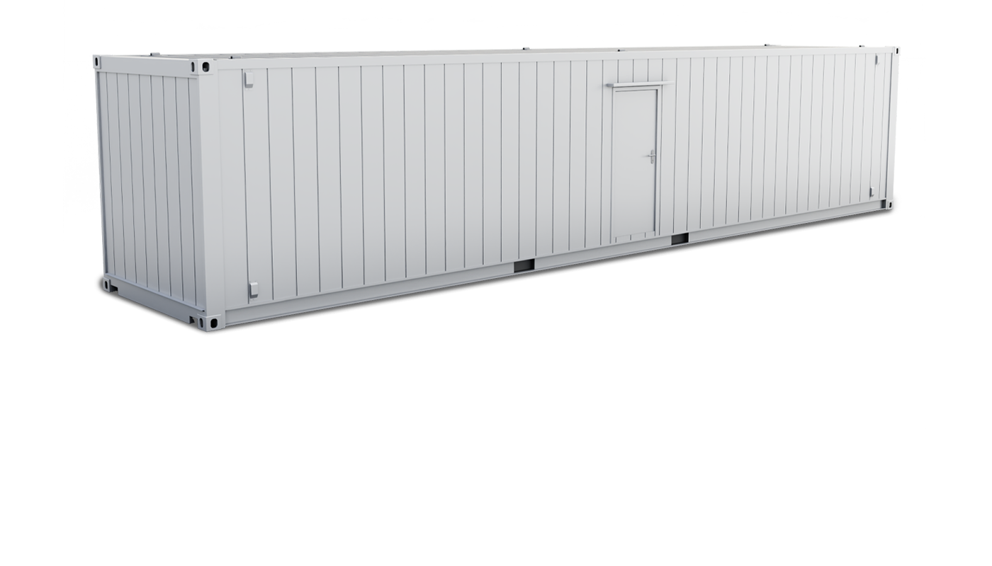 Long white modular container with a single door and vertical panel design on its sides.