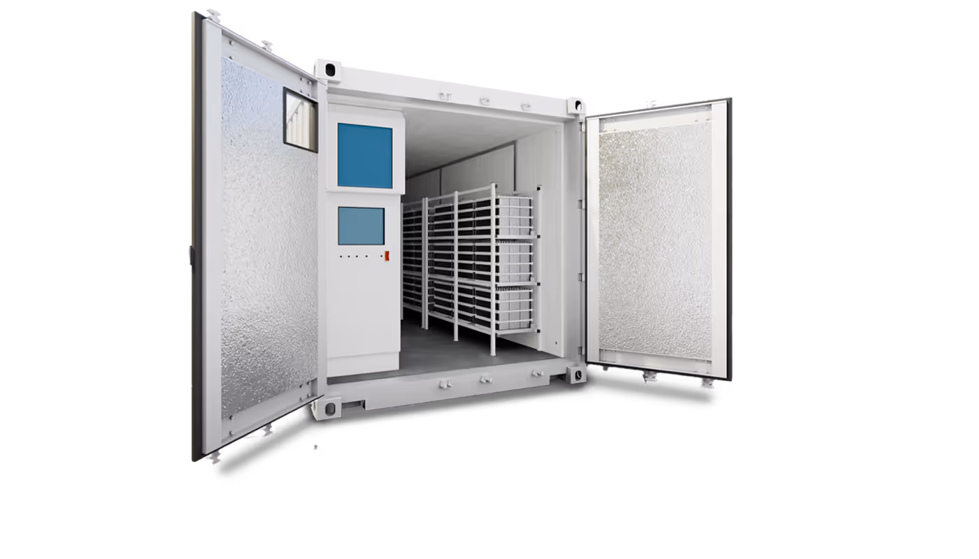 Open white industrial container with control panel and shelves filled with battery modules inside.