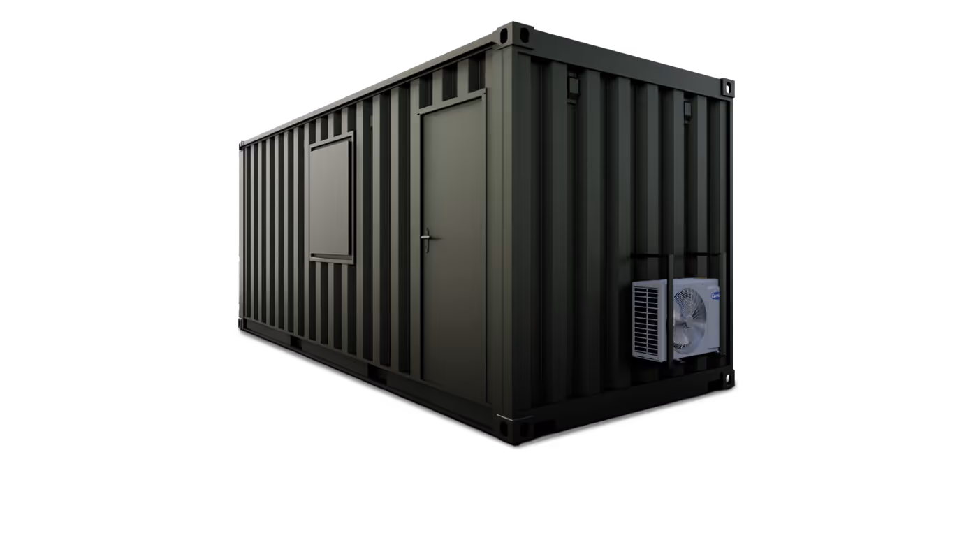 Dark green metal shipping container with a door, window, and external air conditioning unit.