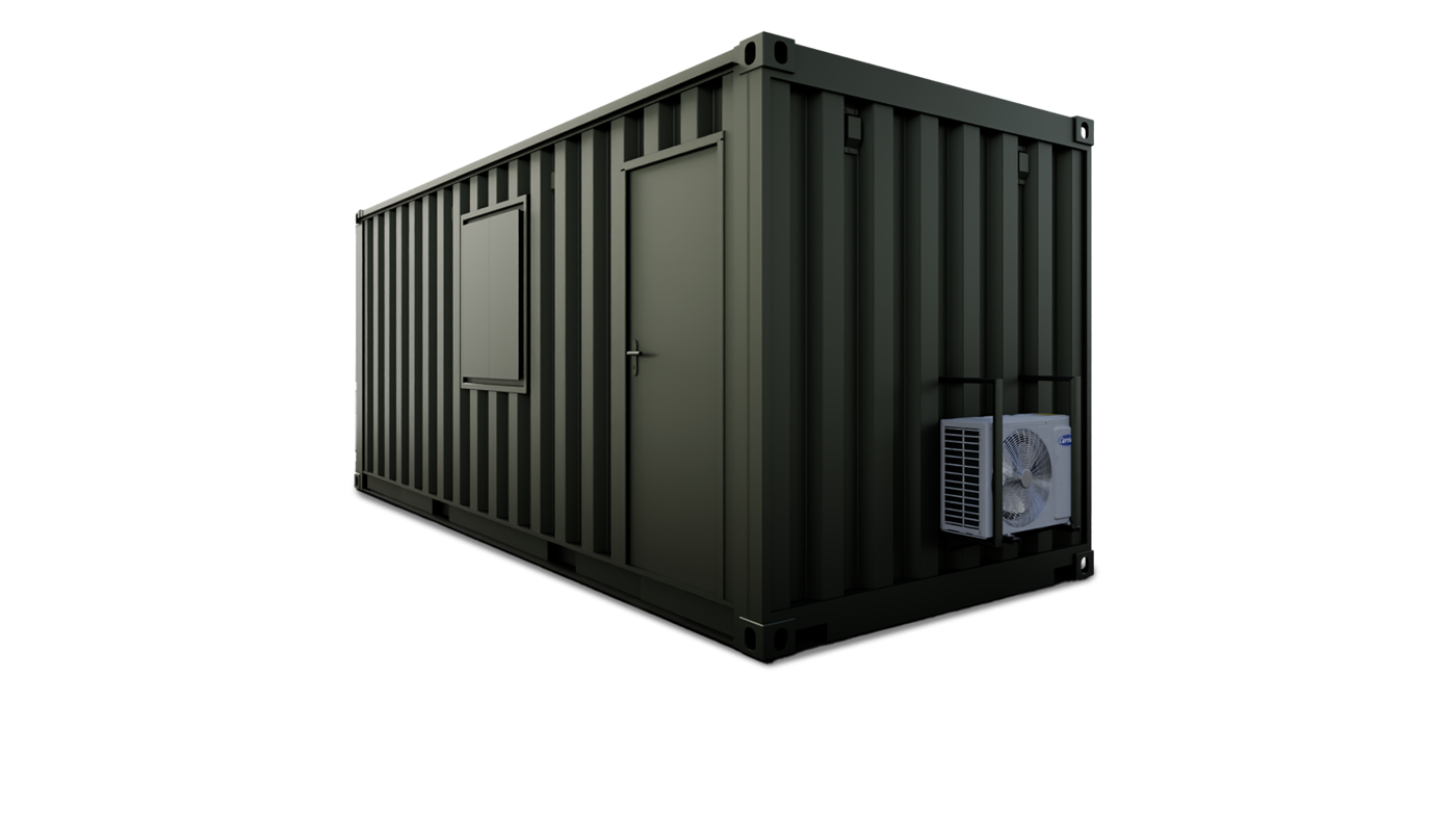 Dark green metal shipping container with a door, window, and external air conditioning unit.
