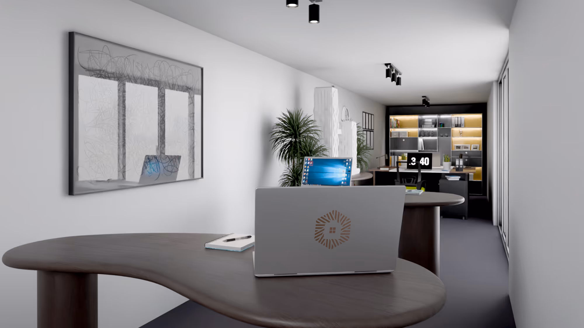 Modern office interior with curved wooden desks, laptops, a notebook, plants, and a shelving unit with office supplies.