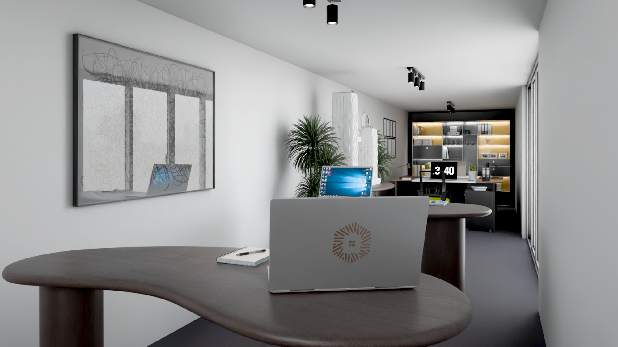 Modern office interior with curved wooden desks, laptops, a notebook, plants, and a shelving unit with office supplies.