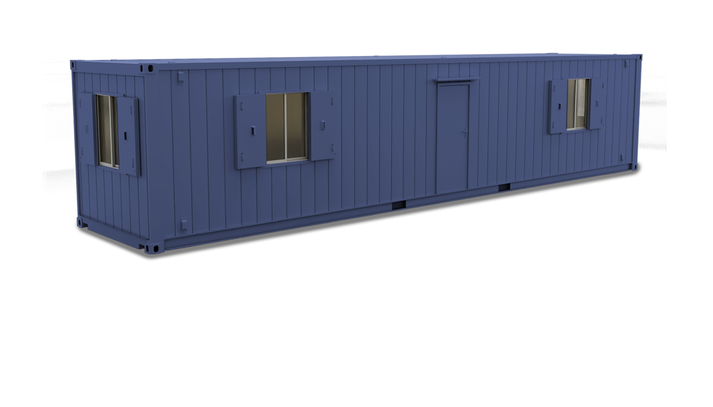 Long blue rectangular modular building with three windows featuring shutters and one door.