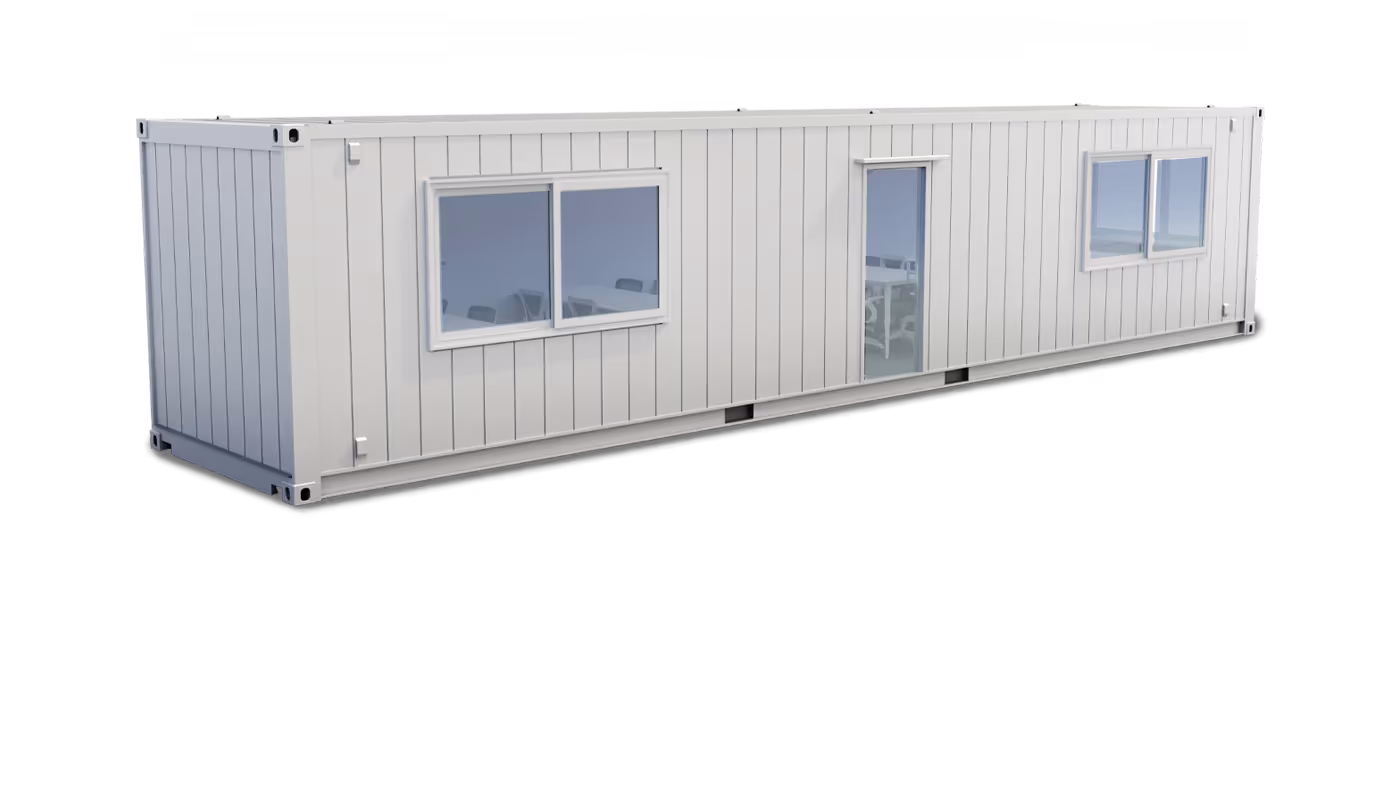 Long white portable classroom container with two double windows and a glass door, showing interior desks and chairs.