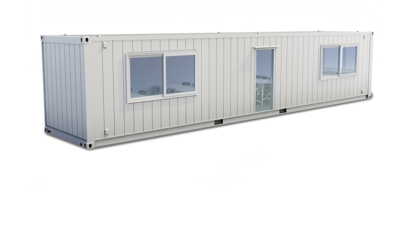 Long white portable classroom container with two double windows and a glass door, showing interior desks and chairs.