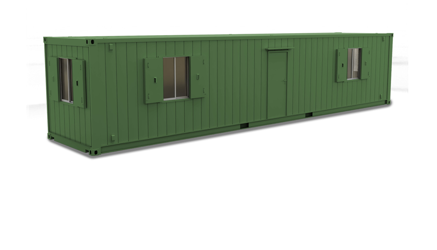 Long green portable office container with three windows and one door.