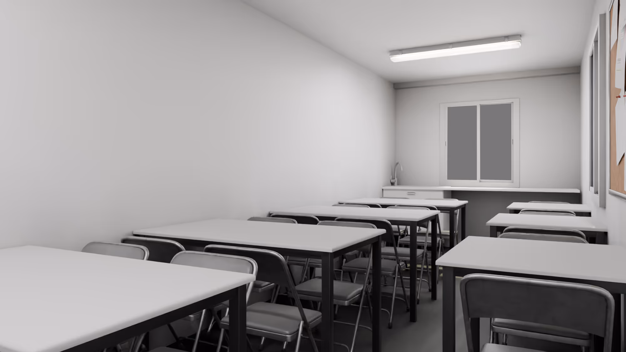 Empty canteen room with rows of white tables and grey chairs, a window, fluorescent ceiling light, and a noticeboard on the wall.