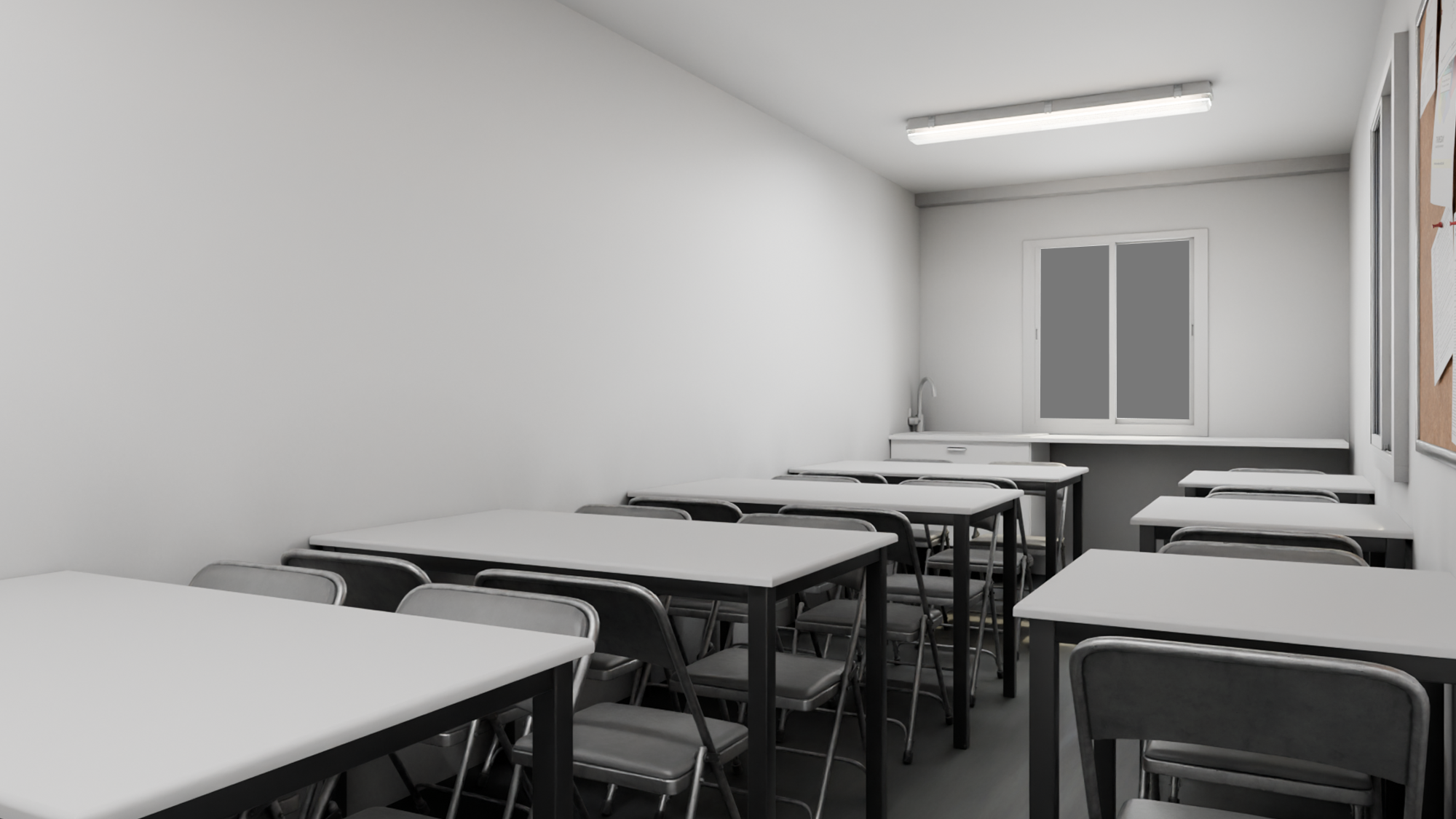 Empty canteen room with rows of white tables and grey chairs, a window, fluorescent ceiling light, and a noticeboard on the wall.