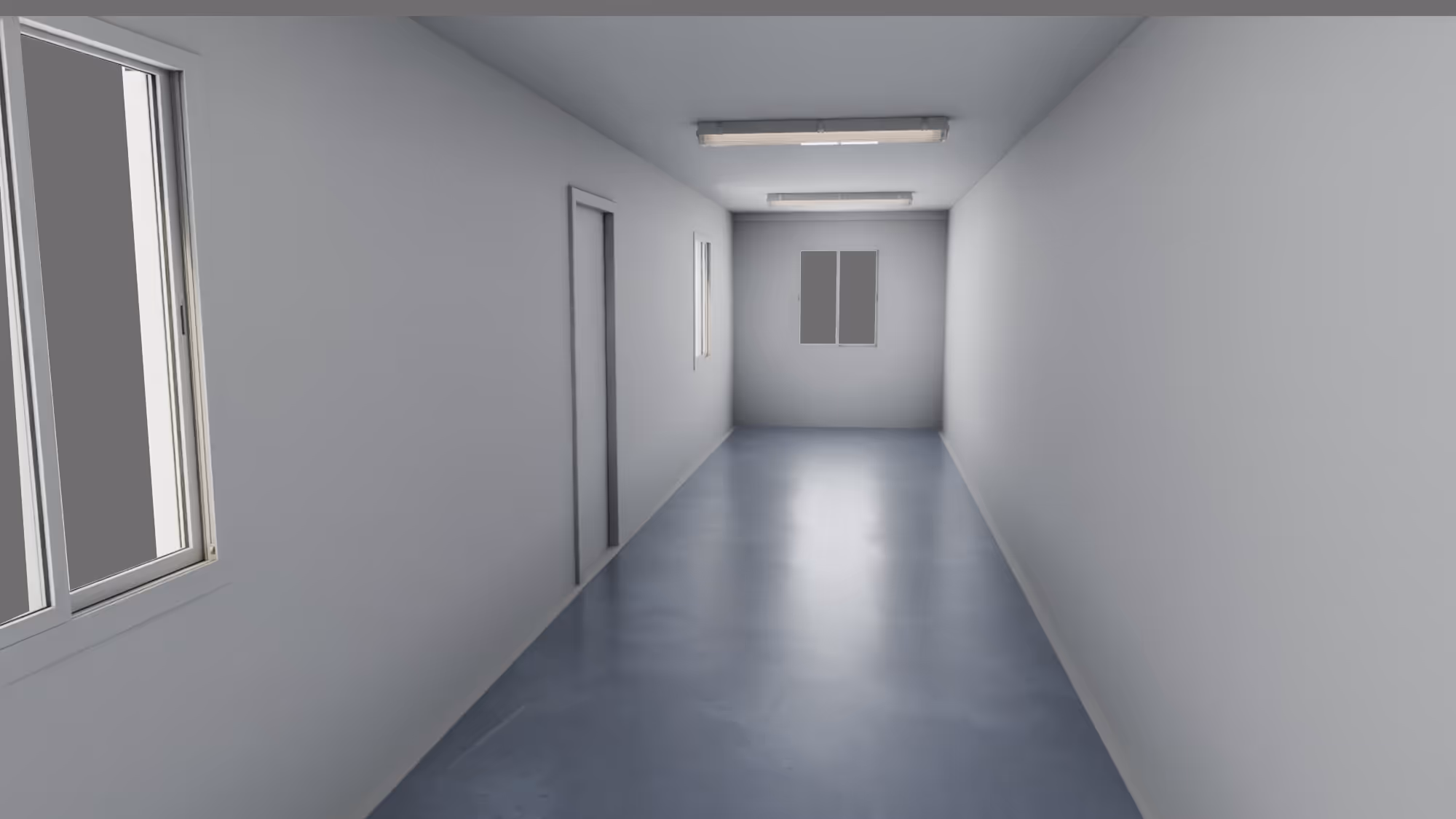 Empty narrow room with white walls, blue polished floor, three windows, a closed door, and two ceiling lights.