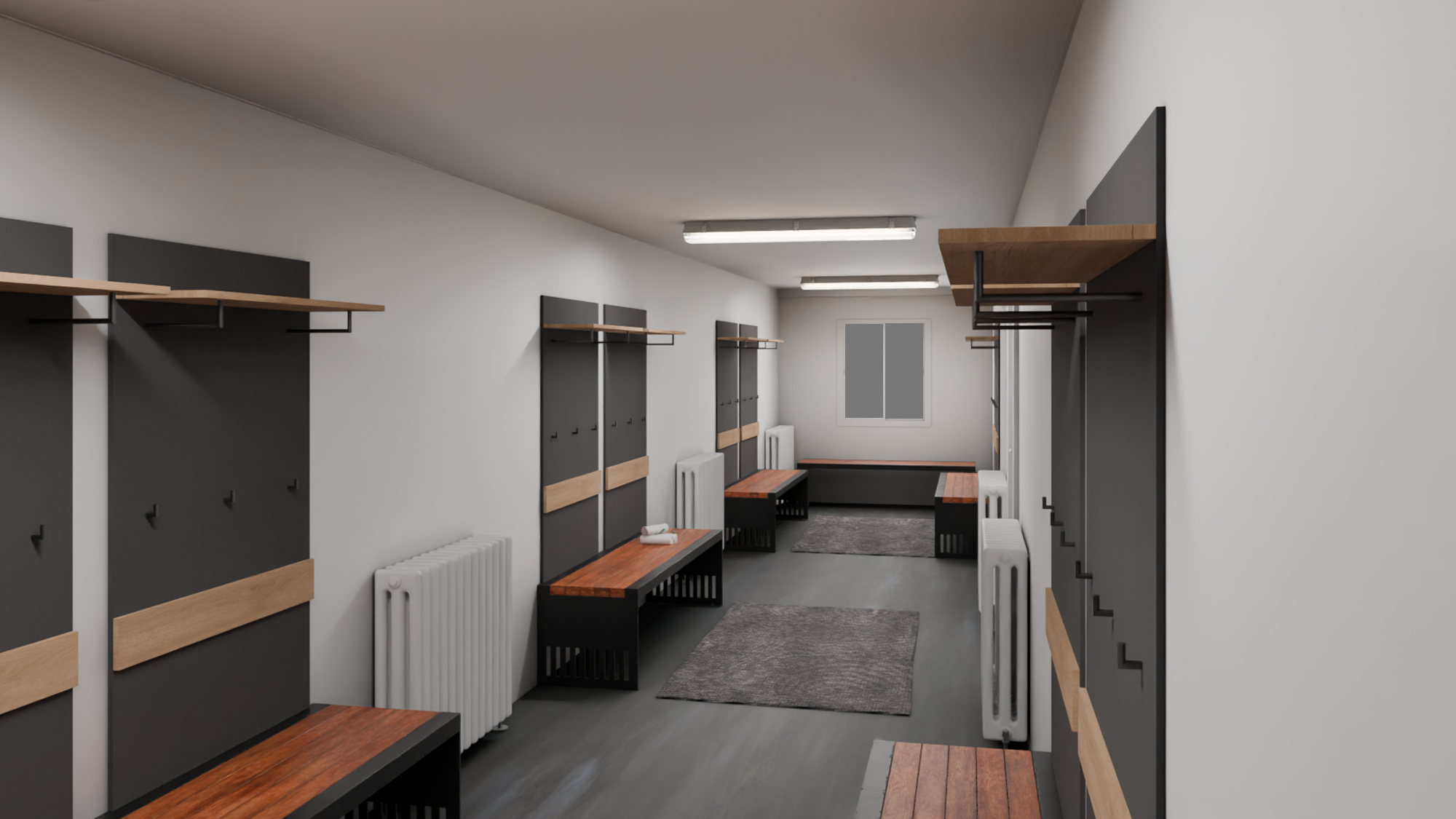 Modern changing room with wooden benches, black coat racks, radiators, and grey rugs on the floor.