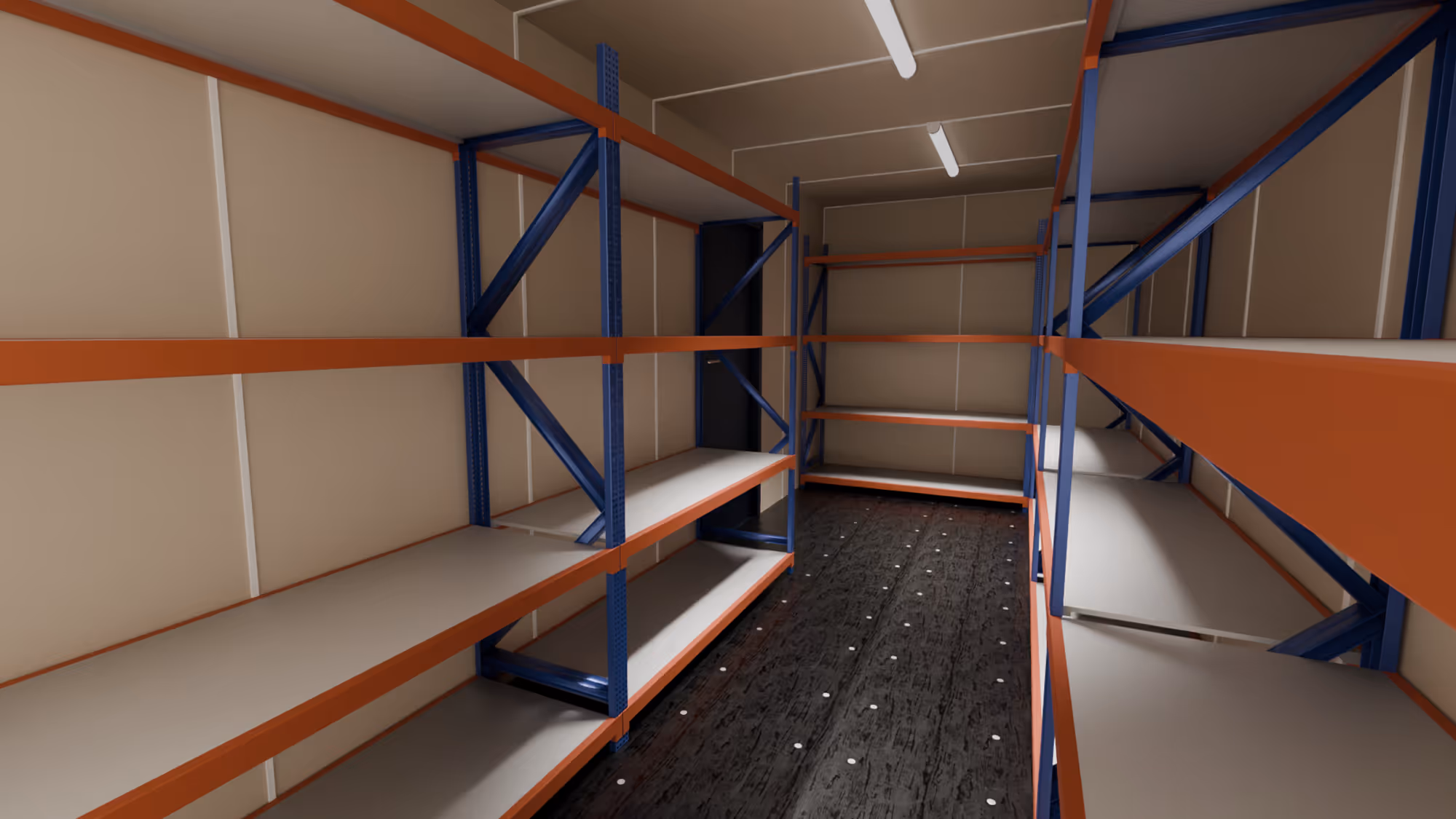 Empty storage room with blue and orange metal shelving units on both sides and a dark wooden floor with white dots.