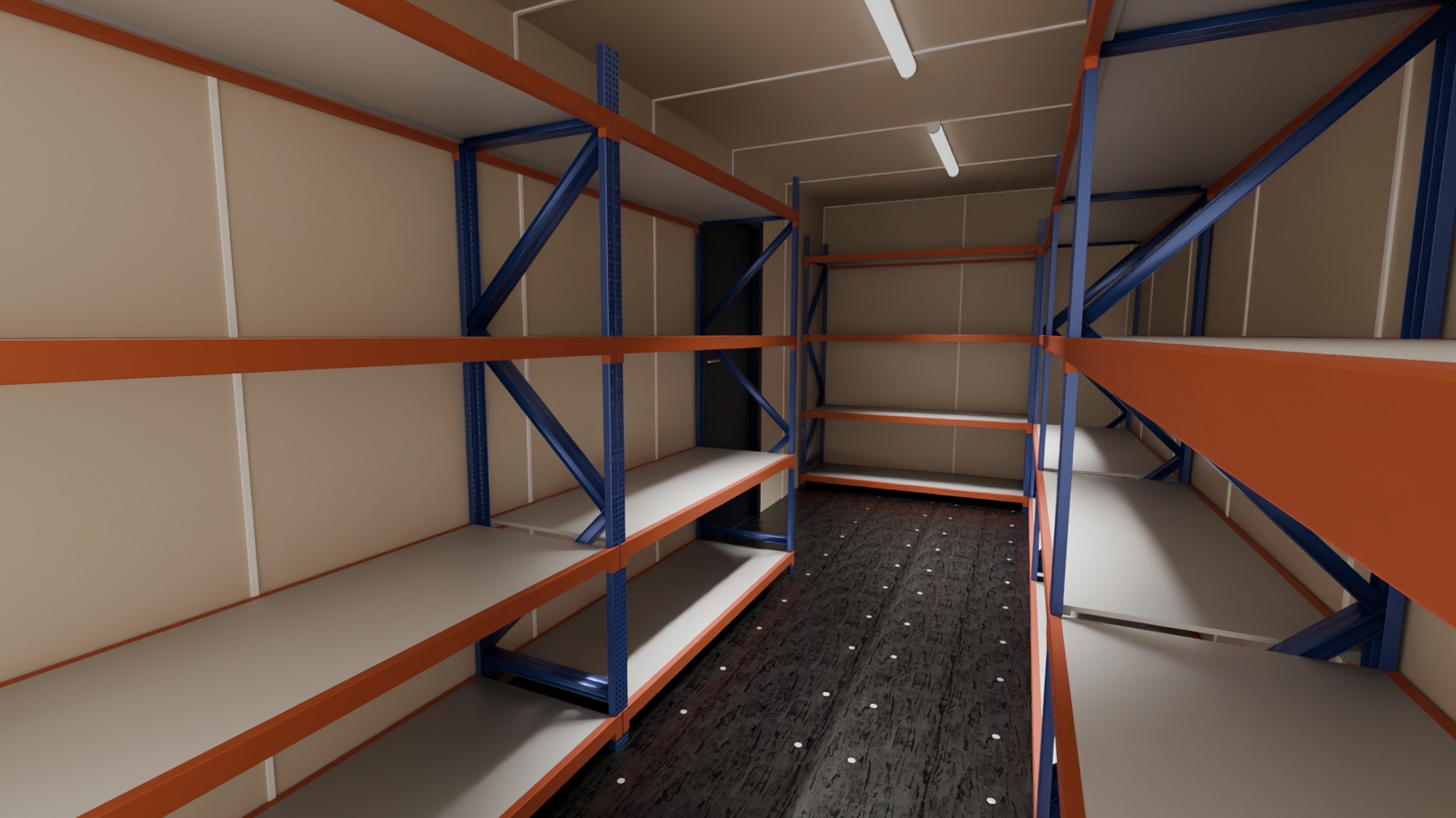 Empty storage room with blue and orange metal shelving units on both sides and a dark wooden floor with white dots.
